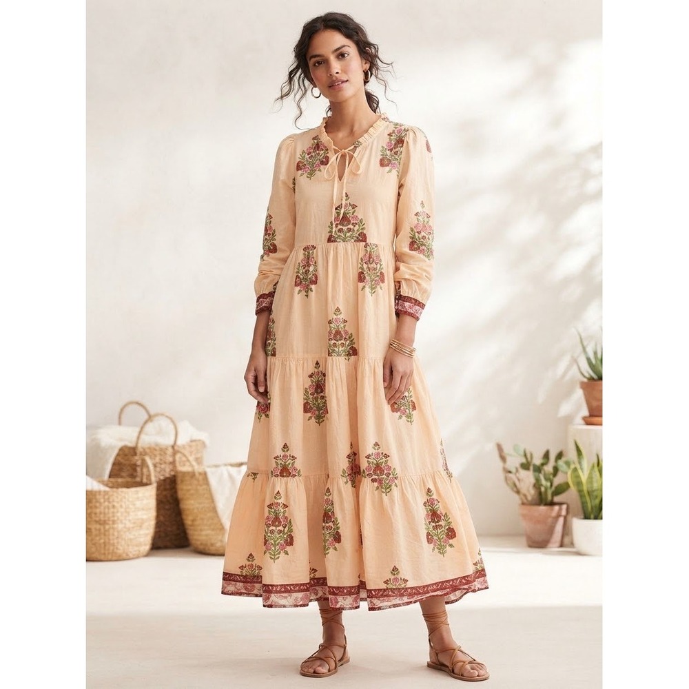 Tuckernuck Peach Floral Block Print 100% Cotton Tiered Midi Flowy Dress Small